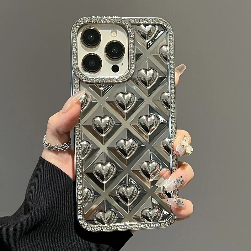 Funda de teléfono con borde de diamantes de imitación y purpurina de corazón de amor a la moda para iPhone 16 15 13 12 11 Pro Max 14 Plus, funda trasera chapada en TPU