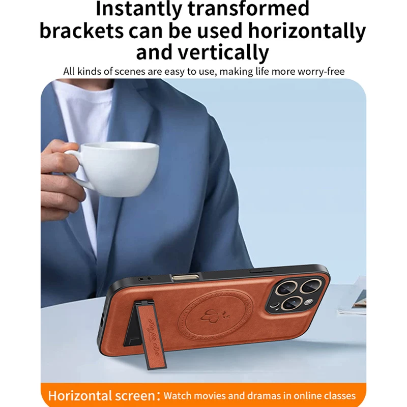 Funda de teléfono con soporte de cuero de negocios para iPhone 16, 15, 14, 13, 12 Pro Max Plus 16E, fundas protectoras magnéticas para lentes a prueba de golpes - imagen 3