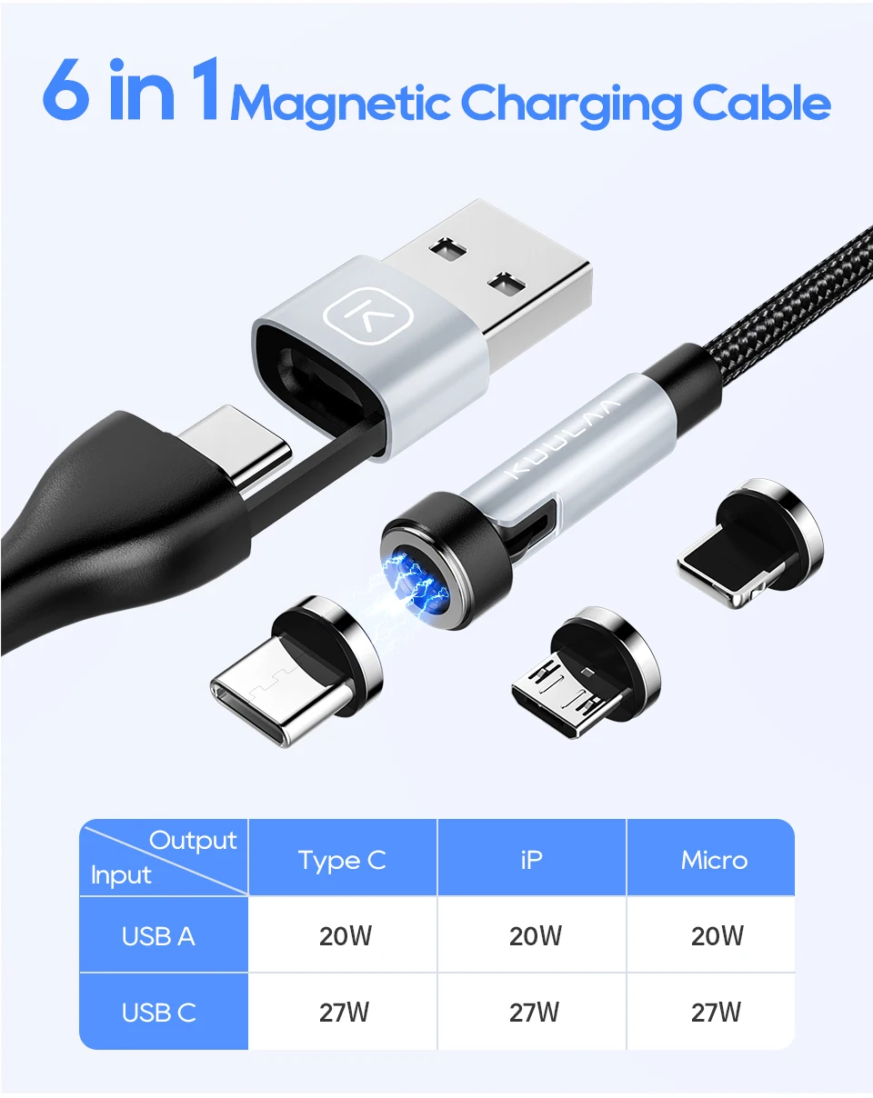 KUULAA-Cable de carga magnético 6 en 1 para iPhone, Cable de datos de carga rápida con imán Micro USB, rotación de 540 °, 27W, tipo C - imagen 2