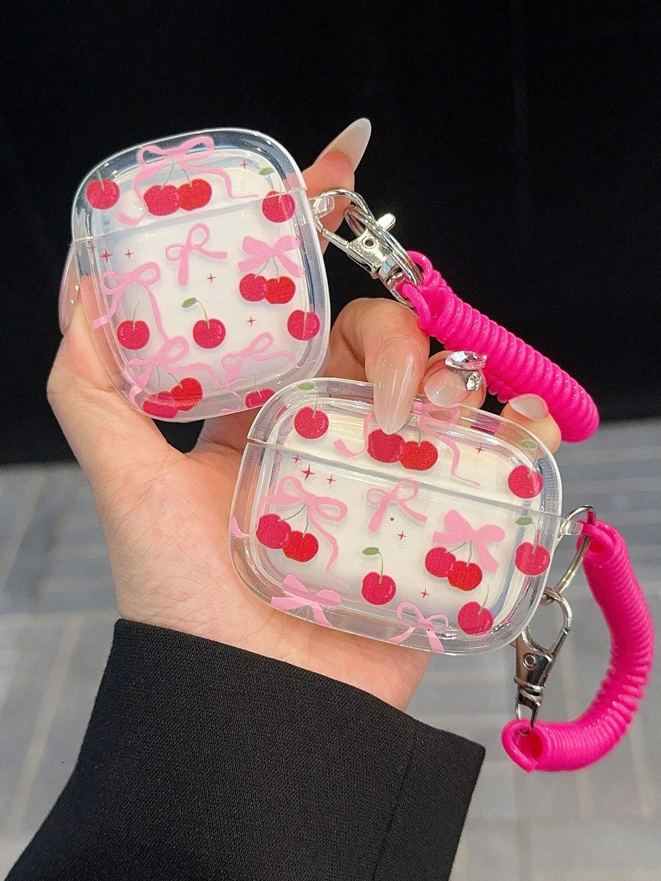 Bonita pajarita rosa y cereza con funda para auriculares con cuerda de resorte rosa-roja para AirPods 1 2 3 4 Pro Pro2 - imagen 3