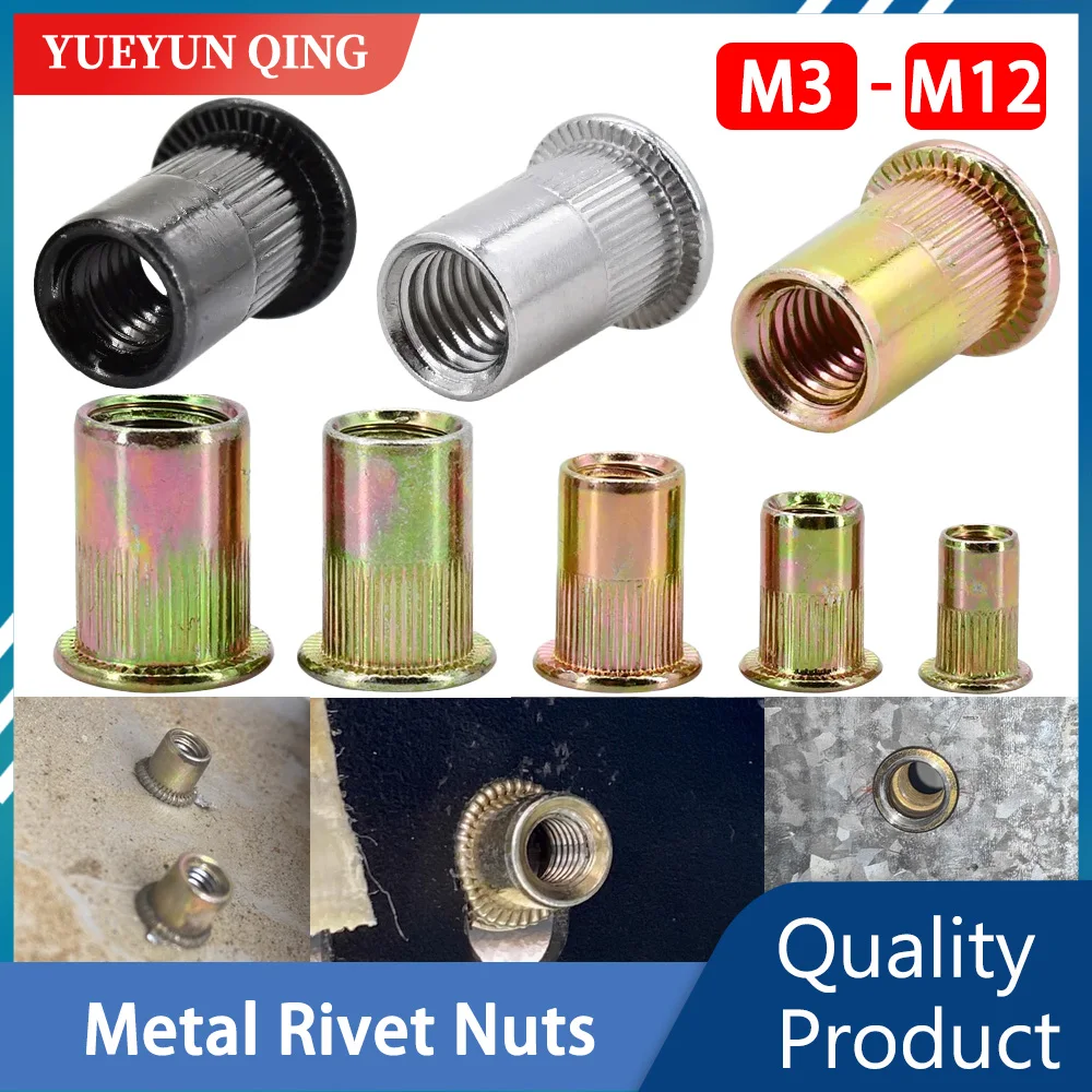 Tuercas de remaches de cabeza plana de acero inoxidable M3 M4 M5 M6 M8 M10 M12, tuerca Rivnut de acero al carbono, herrajes de sujeción de chapa de aluminio - imagen 2