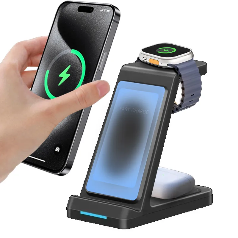 Cargador inalámbrico 3 en 1, soporte para teléfono de escritorio para iPhone 17 16 Pro Max 15 14 13 12 Apple Watch 11 ~ 2 Airpods Pro 3/2, carga rápida