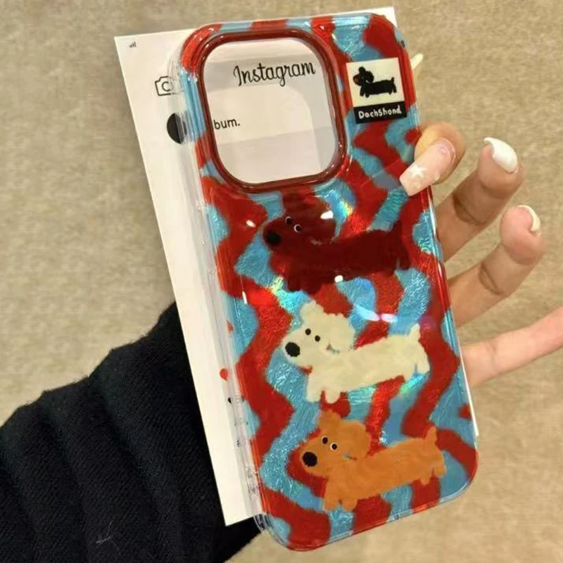 Funda de teléfono para iPhone 11, 12, 13, 14, 15 16 Pro Max XS X XR 7 8 Plus, carcasa perforada con forma de remolino, cubierta para perros salchicha a rayas con grafiti IND