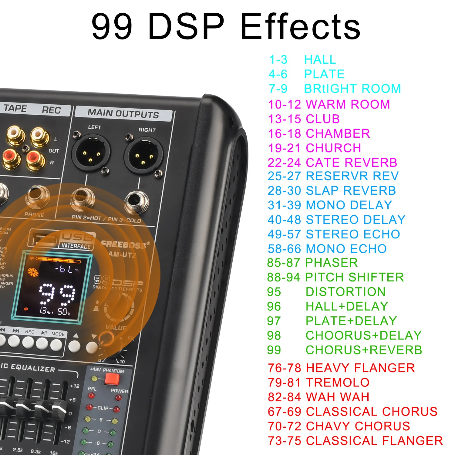 Consola mezcladora de 6 canales mono FREEBOSS, mesa de Audio Bluetooth con efecto 99 DSP, Monitor EQ de 7 bandas, mezclador de sonido con grabación USB, AM-UT2 de escritorio - imagen 3