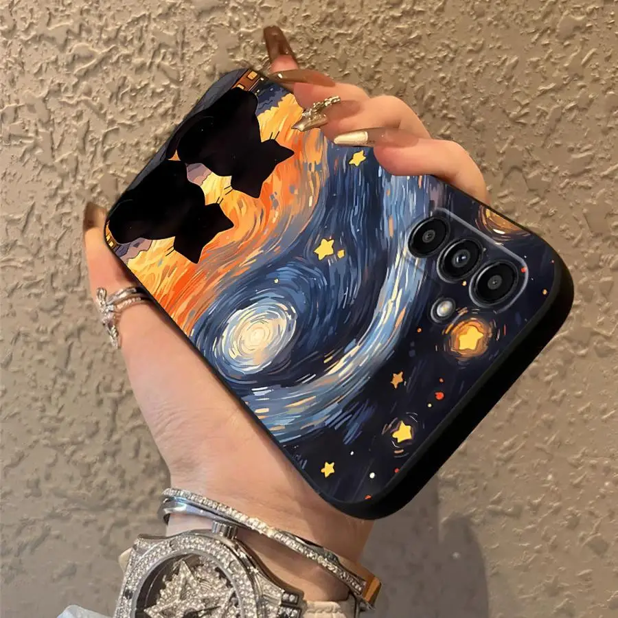 Funda de dibujos animados de gato cielo estrellado para Samsung Galaxy A06 A30 A15 A70 A50 A04 A20 A13 A05 A10 A12 A40 A16 A17 funda de teléfono suave negra - imagen 4