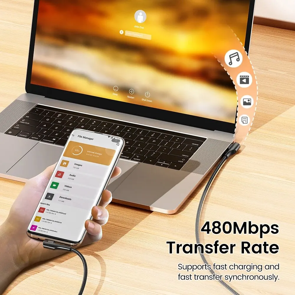 Toocki 3A Cable USB carga rápida 3,0 Cable de carga rápida tipo C Cable de datos de codo doble de 90 grados para Huawei Xiaomi Samsung Realme - imagen 3