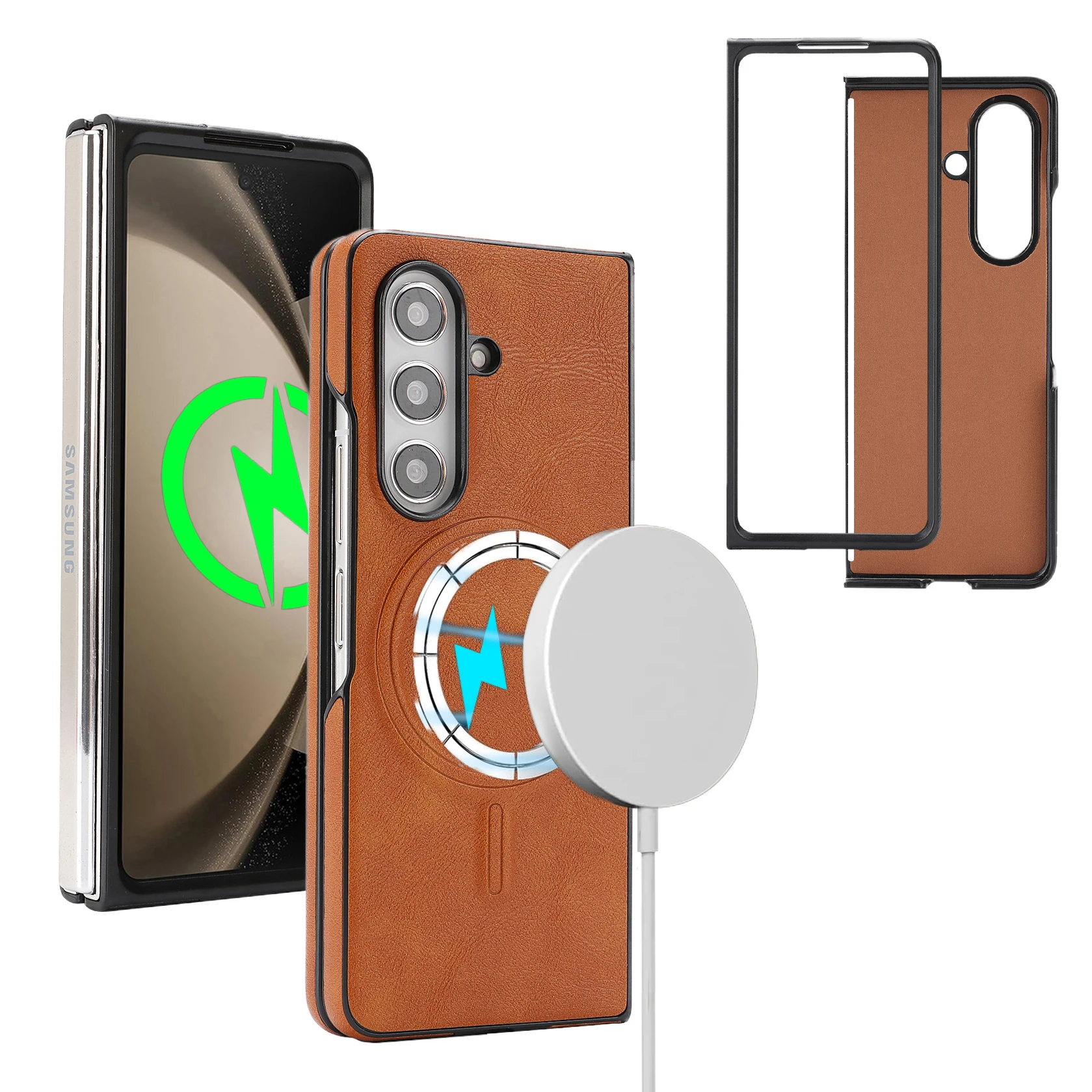 Funda magnética para Samsung Galaxy Z Fold 7 6 5 4 3, Funda de cuero suave mate con imán fuerte, Funda plegable a prueba de golpes Mag-safe