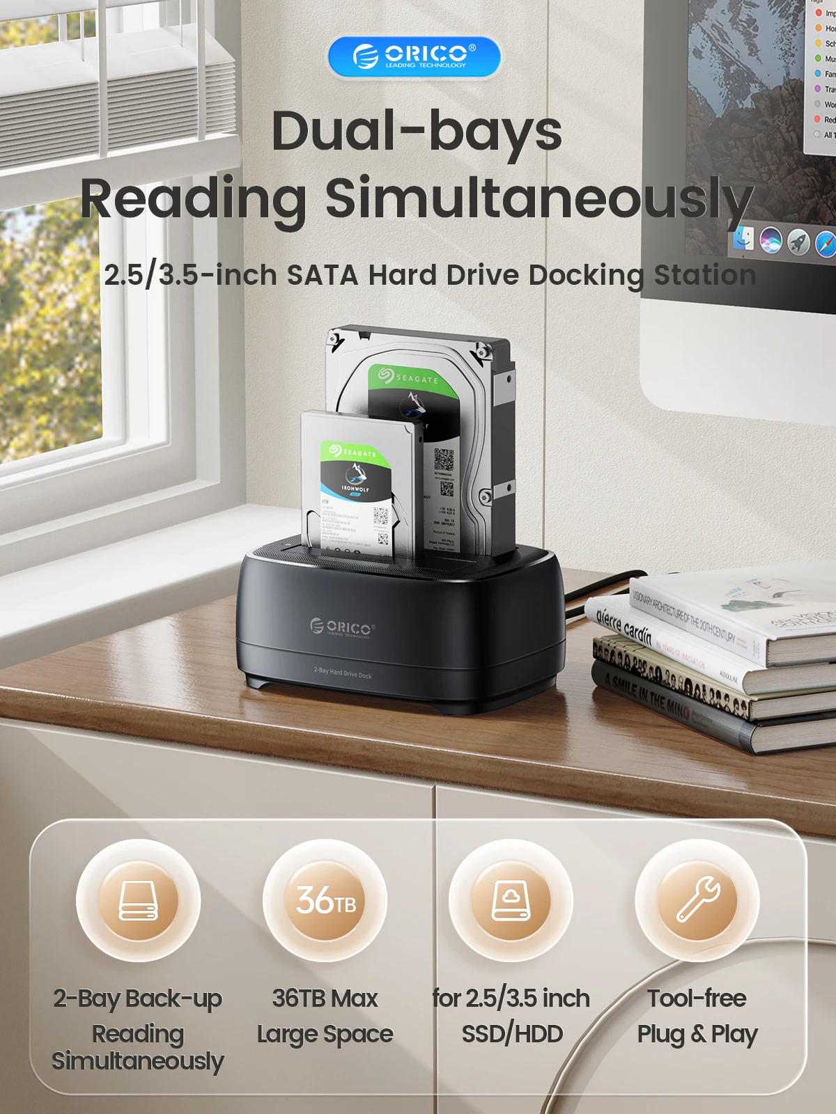 Estación de disco duro ORICO de doble bahía USB3.0 5Gbps tipo C HDD estación de acoplamiento con adaptador de corriente de 12V 3A para HDD/SSD de 2,5/3,5 pulgadas - imagen 3