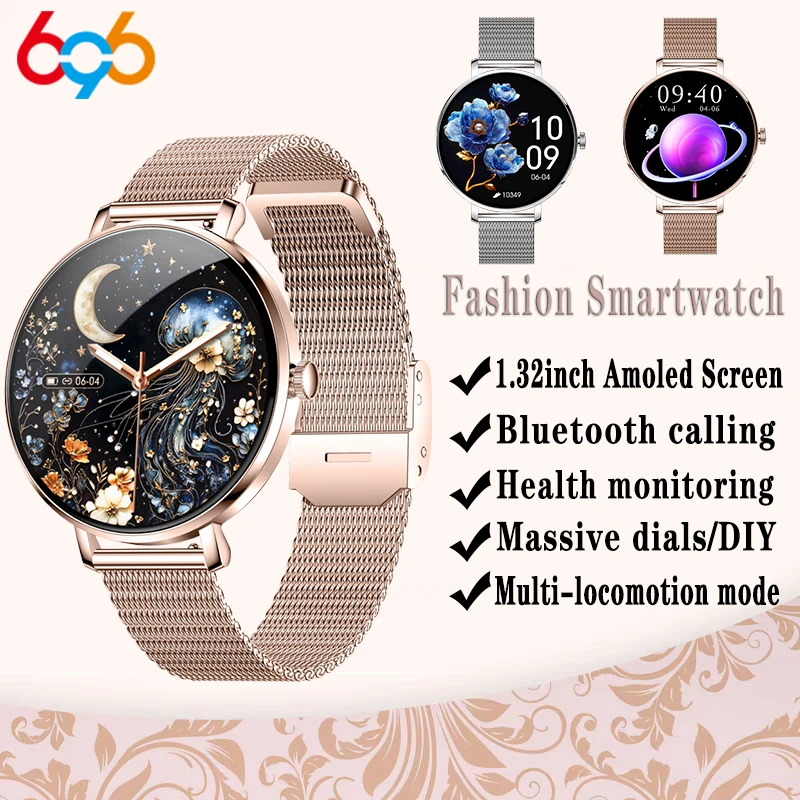 Reloj inteligente con pantalla redonda Amoled de 1,32 pulgadas, llamada BT, Monitor de ritmo cardíaco y sueño para mujer, reloj inteligente resistente al agua con múltiples modos de locomotora - imagen 2