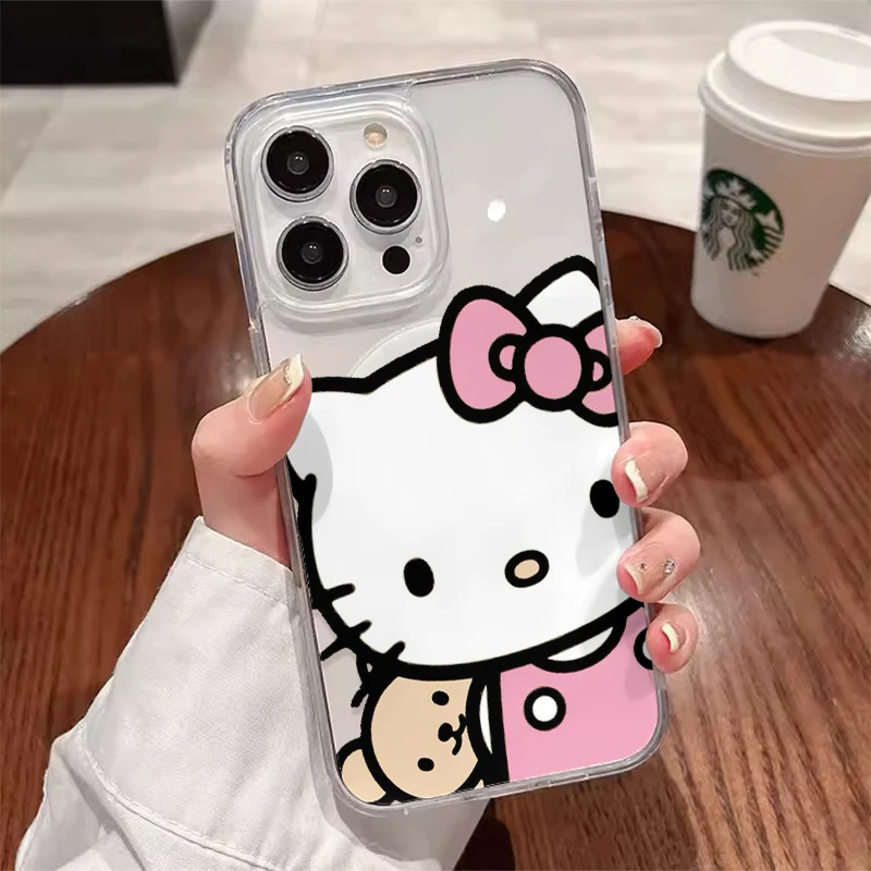 Funda de teléfono magnética con dibujos animados de Hello Kittys Magsafe para iPhone 16 15 14 13 12 11 8 7 Plus Pro Max X XR XSMax, funda transparente de Tpu - imagen 5