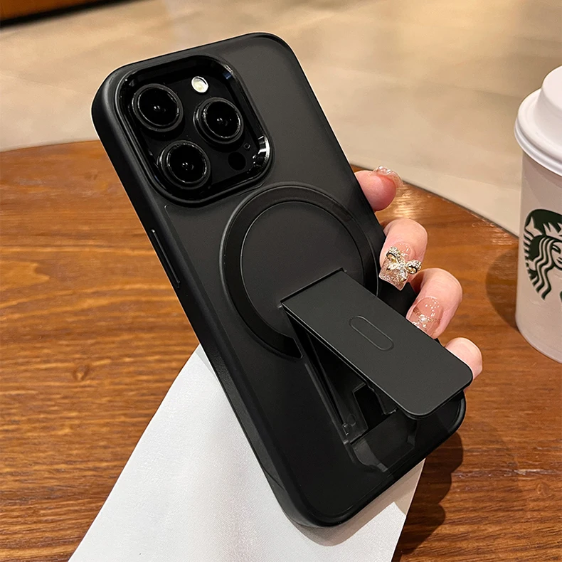 Funda de armadura mate magnética con soporte plegable de lujo para iPhone, funda protectora de carga inalámbrica Magsafe, 16, 15, 14 Plus, 13, 12, 11 Pro Max - imagen 5