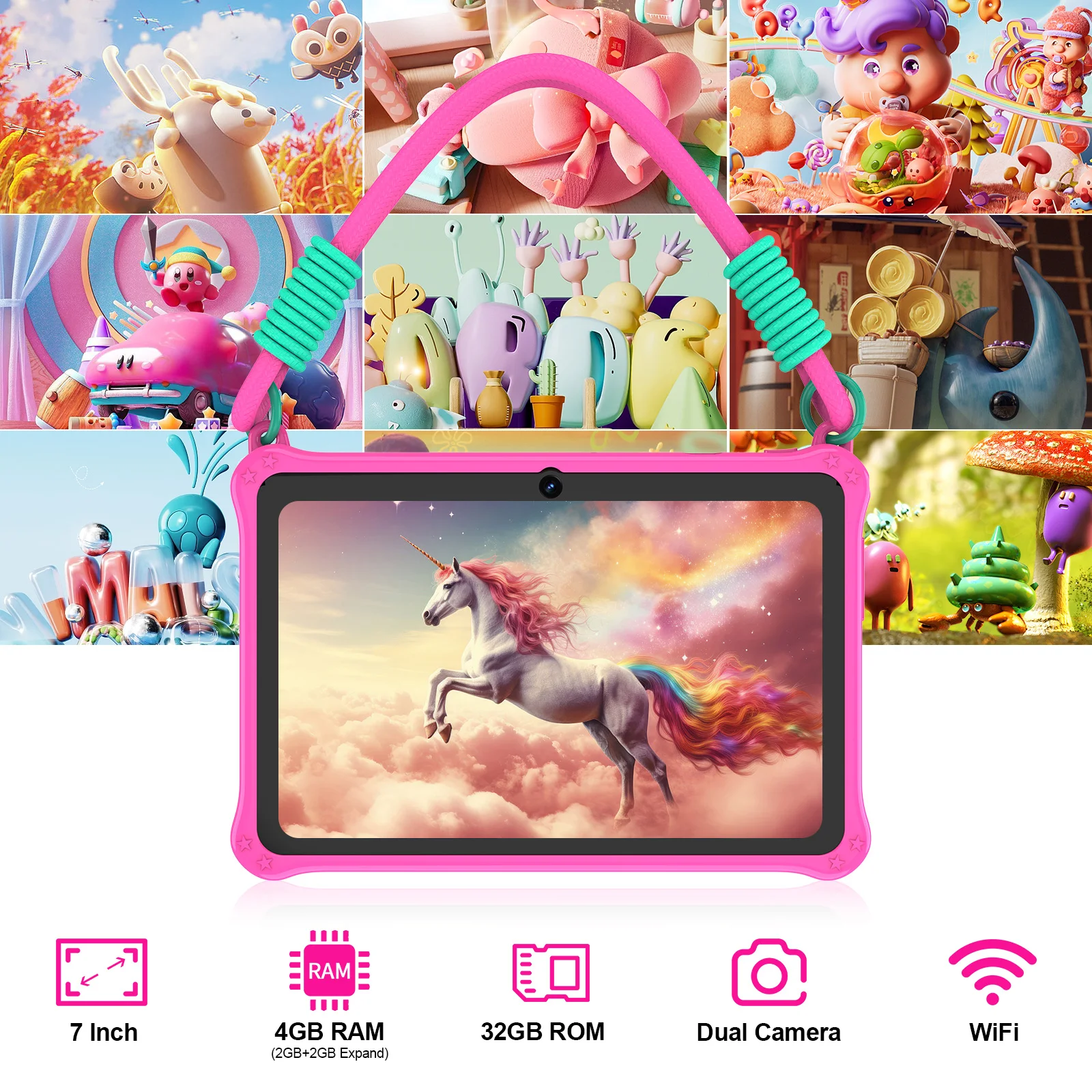 PRITOM Kids Tablet 7 pulgadas Android 13 4GB (2+2 VIRTUAL) RAM 32GB ROM WiFi Bluetooth Software para niños instalado con cordón - imagen 3