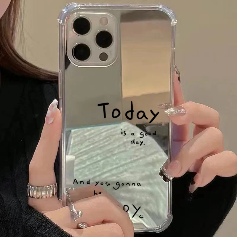 Funda de teléfono con espejo gráfico de letras minimalistas para iPhone 16 11 12 13 14 15 Pro Max XS X XR 7 8 Plus SE, funda suave con espejo de maquillaje - imagen 4