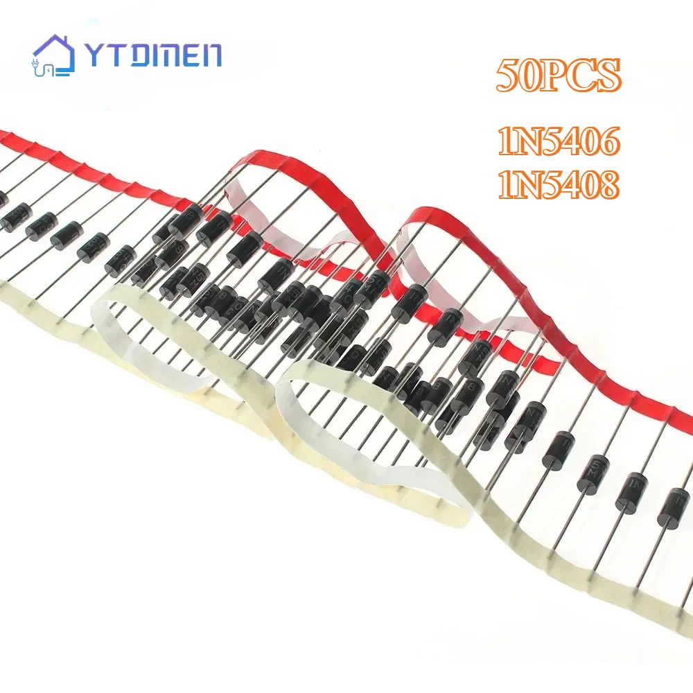 50 Uds diodo rectificador 1N5406 1N5408 DO-27 3A 600V 1000V componentes electrónicos de diodo rectificador