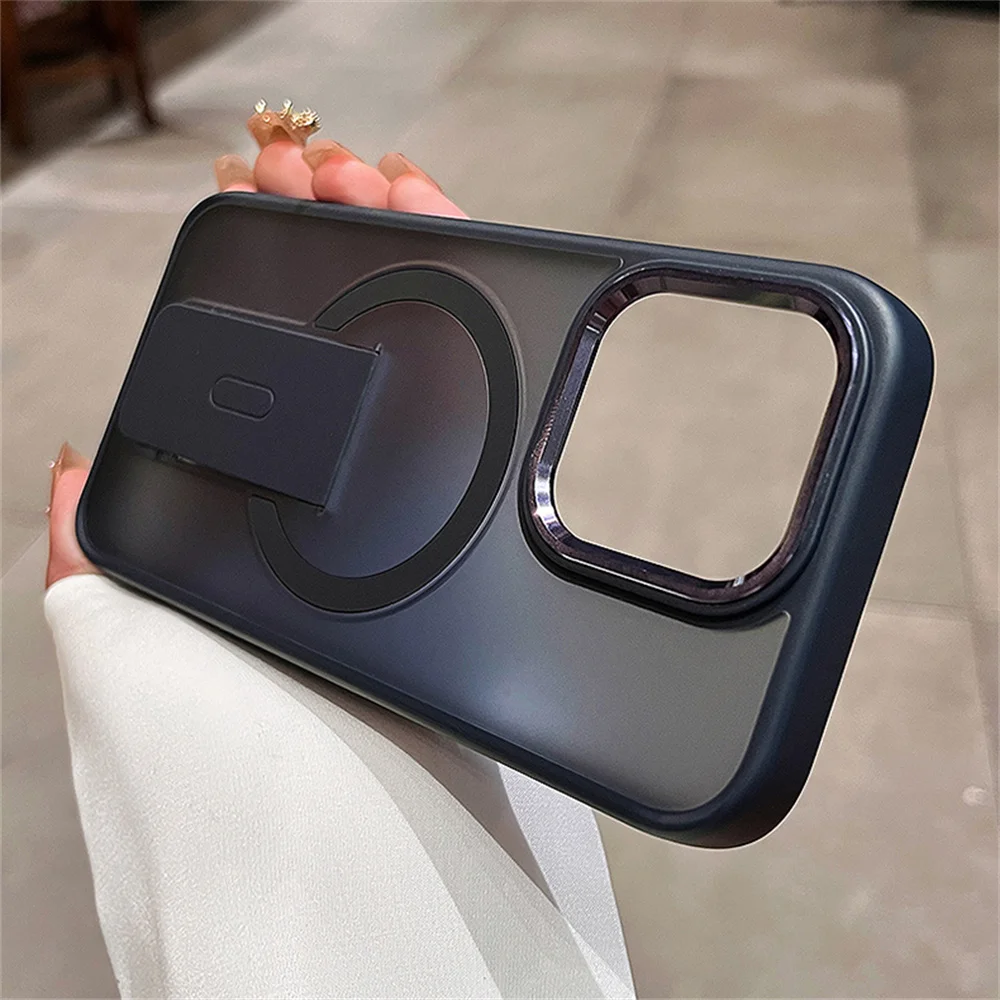 Funda de armadura mate magnética con soporte plegable de lujo para iPhone, funda protectora de carga inalámbrica Magsafe, 16, 15, 14 Plus, 13, 12, 11 Pro Max - imagen 4