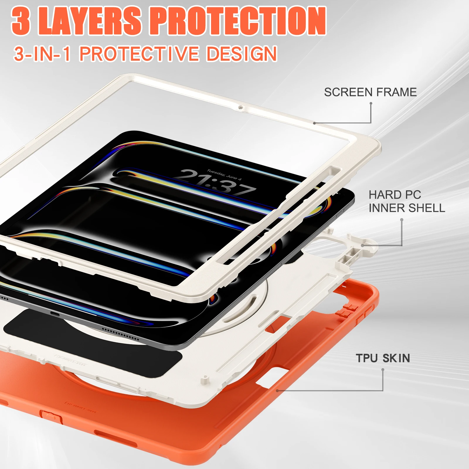 Funda con soporte de TPU-PC para Apple iPad Pro 13 2024 M4 modelo A2926 A2925 A3007 mango giratorio 360 cubierta resistente carcasa de 3 capas - imagen 2