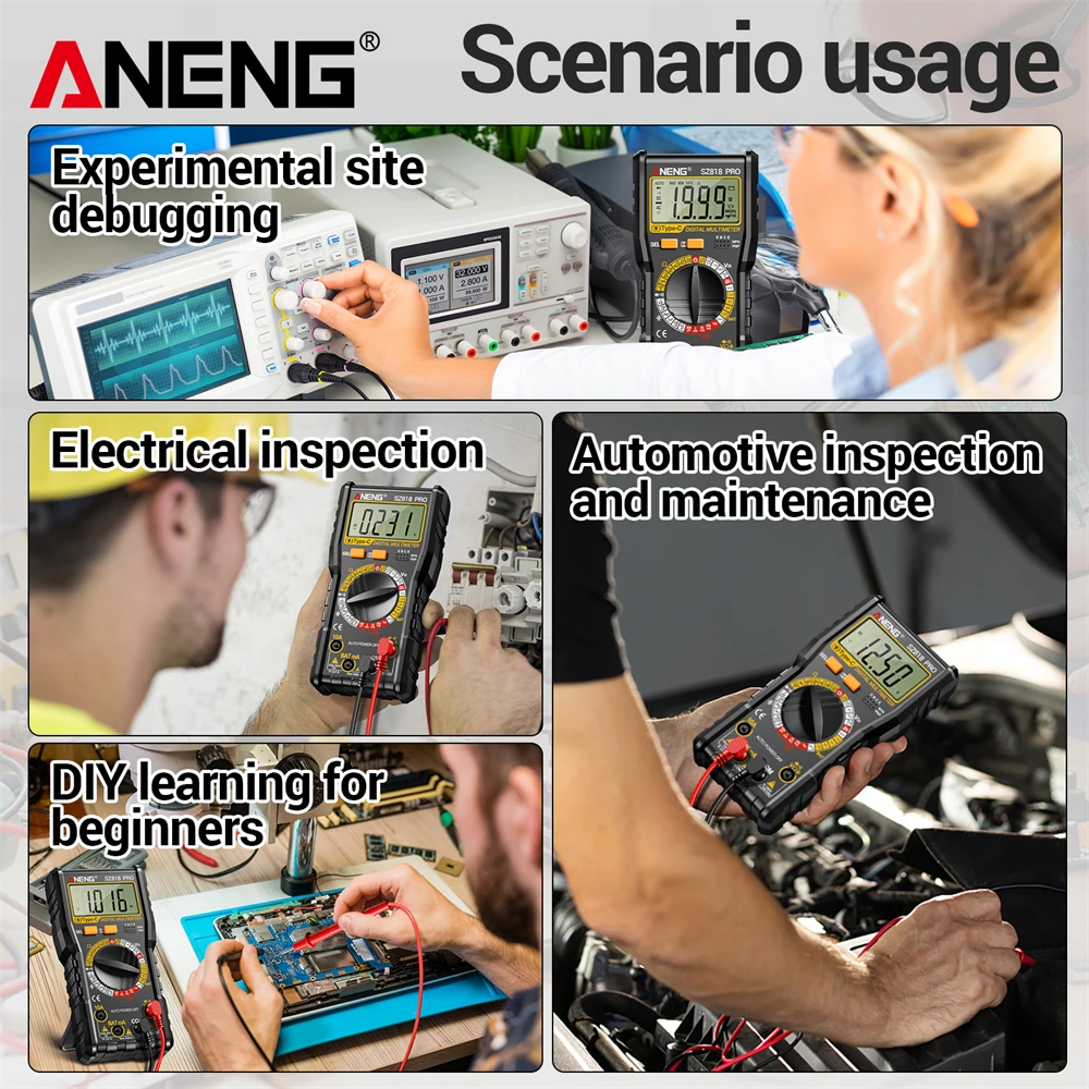 Multímetro Digital SZ818 PRO, triodo hFE, pantalla LCD, 1000V CC/750V CA RMS, impedancia de entrada de 10MΩ, polaridad automática, protección de fusible FF200mA - imagen 4