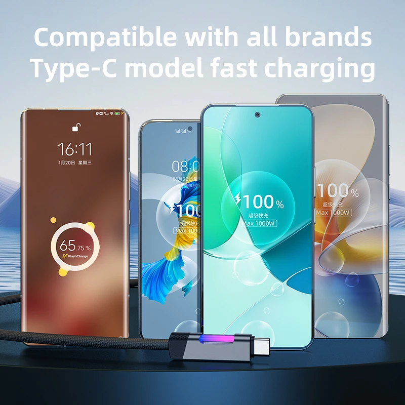 Cable USB tipo C con luz RGB, Cable de sincronización de datos de carga rápida PD de 100W para iPhone 16 pro, Huawei, Xiaomi, Realme, Samsung - imagen 5