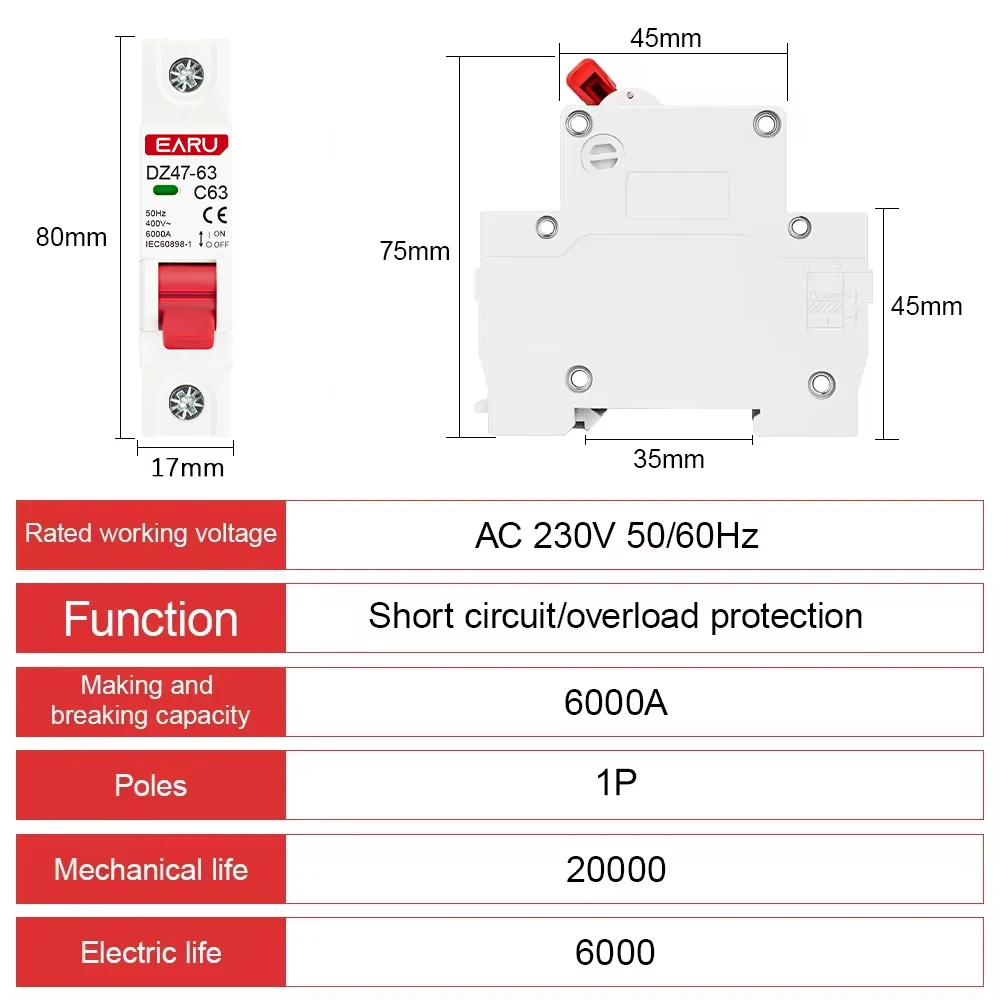 1P AC 230/400V MCB DZ47 tipo C disyuntor protección contra sobrecarga protección contra cortocircuitos pequeño interruptor principal doméstico carril Din - imagen 3