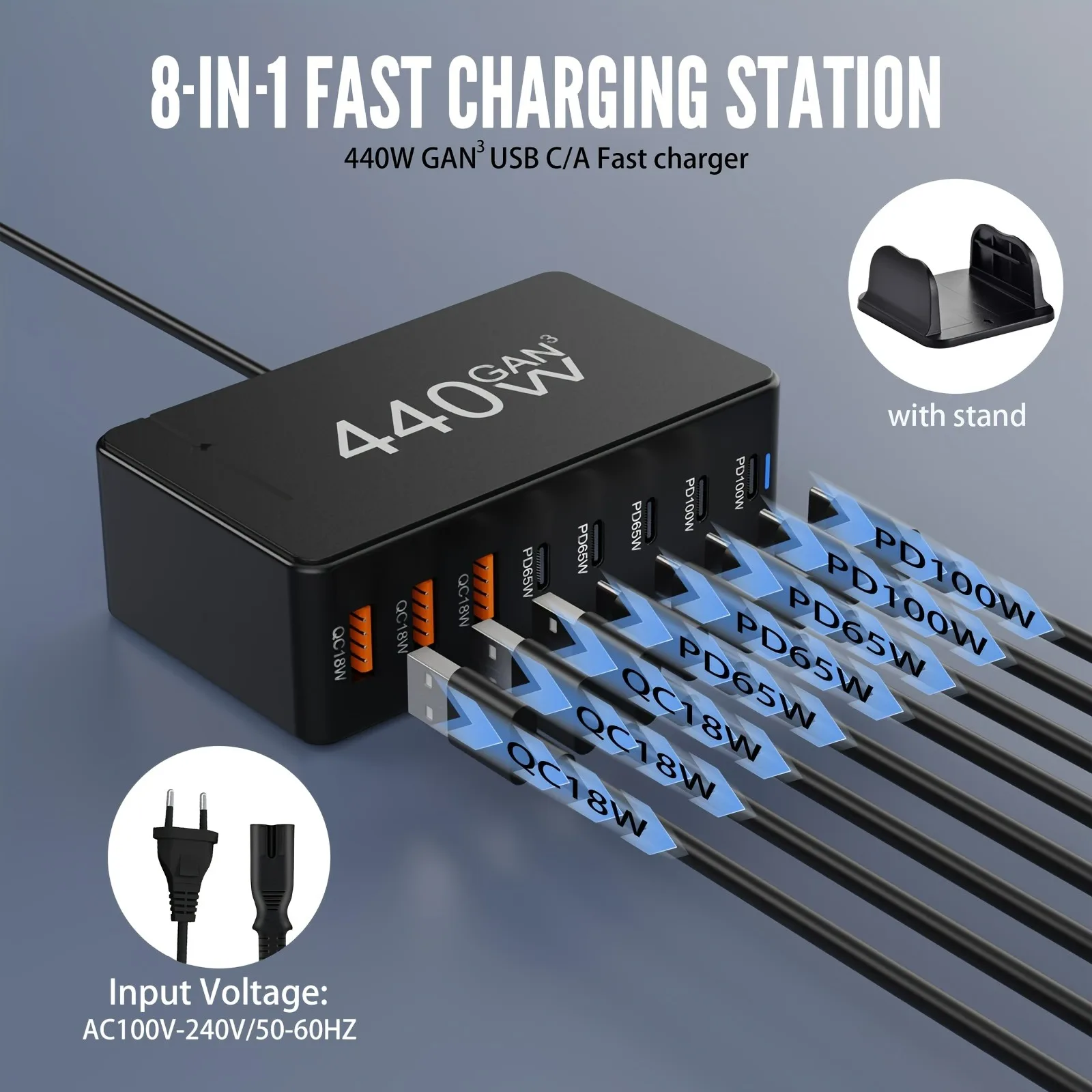 Estación de carga USB C de 440W, bloque de carga rápida de alta potencia de 8 puertos para teléfonos móviles, cargador rápido 3A5C para ordenador portátil/iPad/iPhone