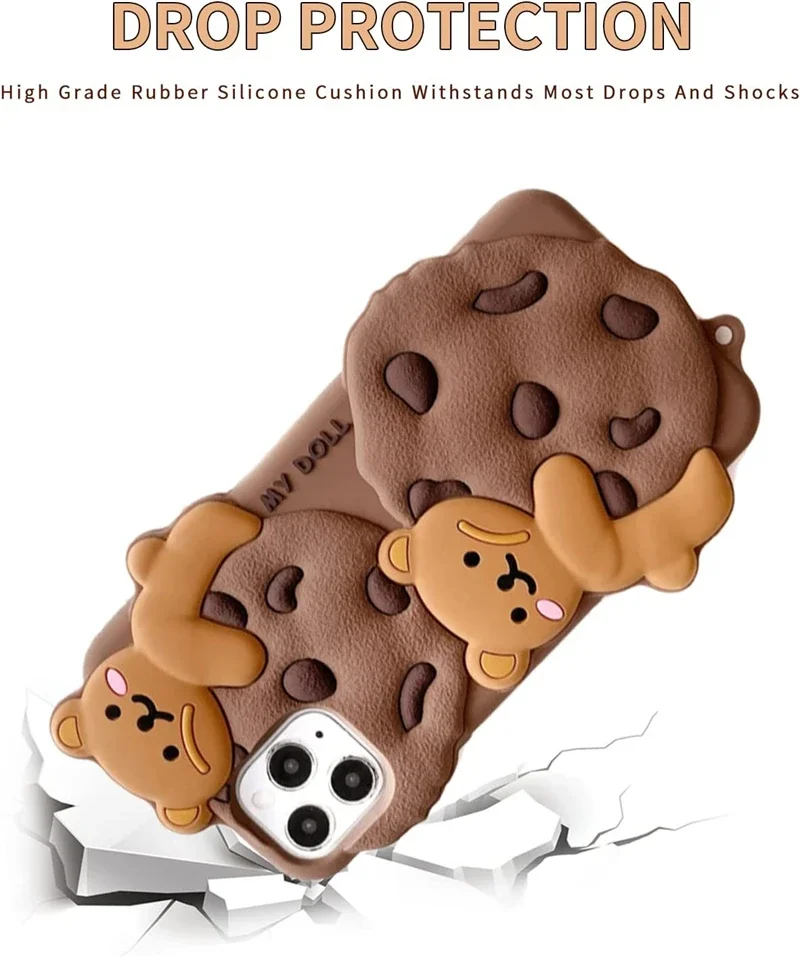 Funda de silicona con dibujo de oso galleta Kawaii para IPhone 14, 13, 11, 12, 15 Pro Max Plus XS XR X 15Pro con funda para llavero con cordón - imagen 2