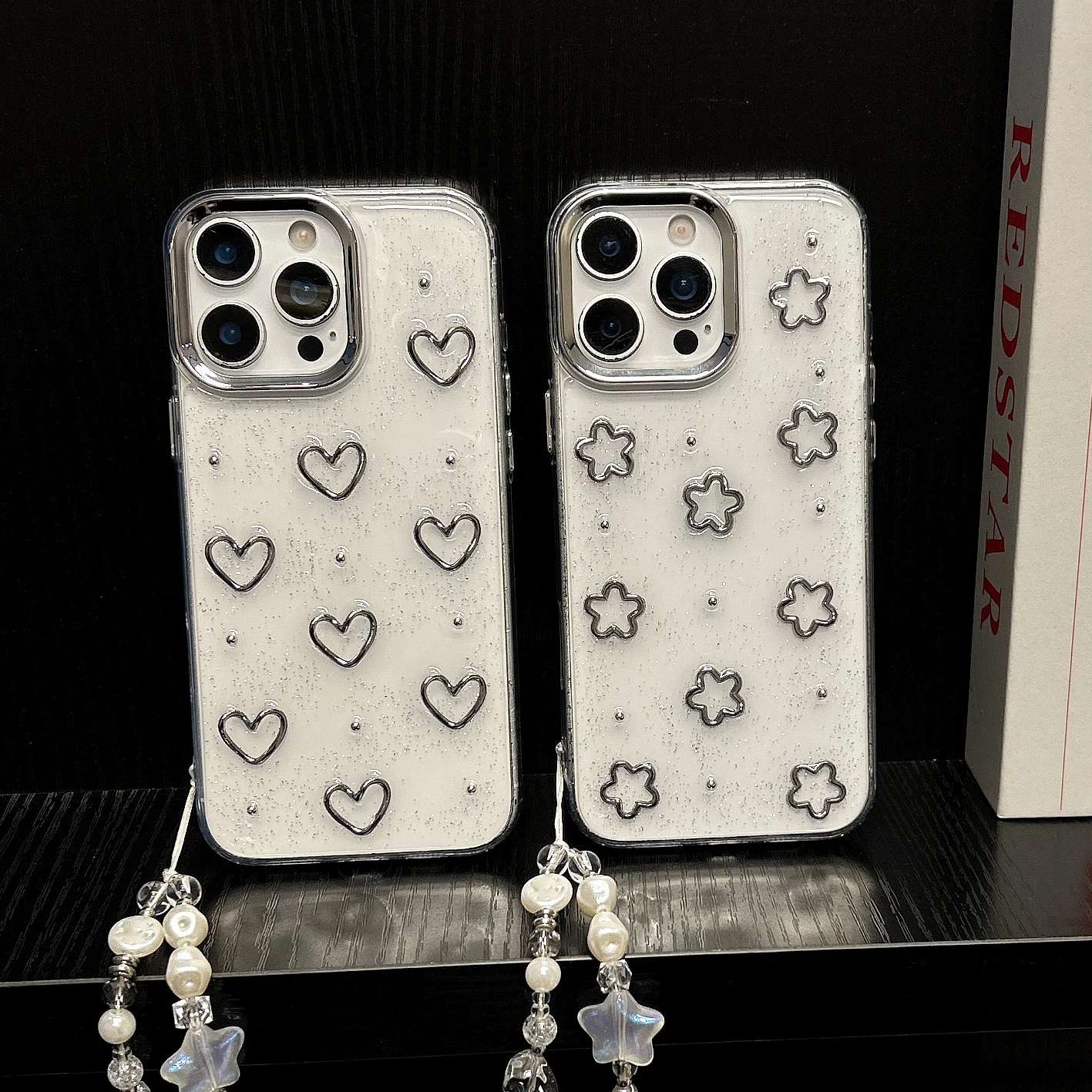 Funda de teléfono de lujo con forma de corazón y purpurina, flor plateada, para iPhone 16, 15, 14, 13, 12 Pro Max Plus 11, bonita funda trasera transparente Floral - imagen 3