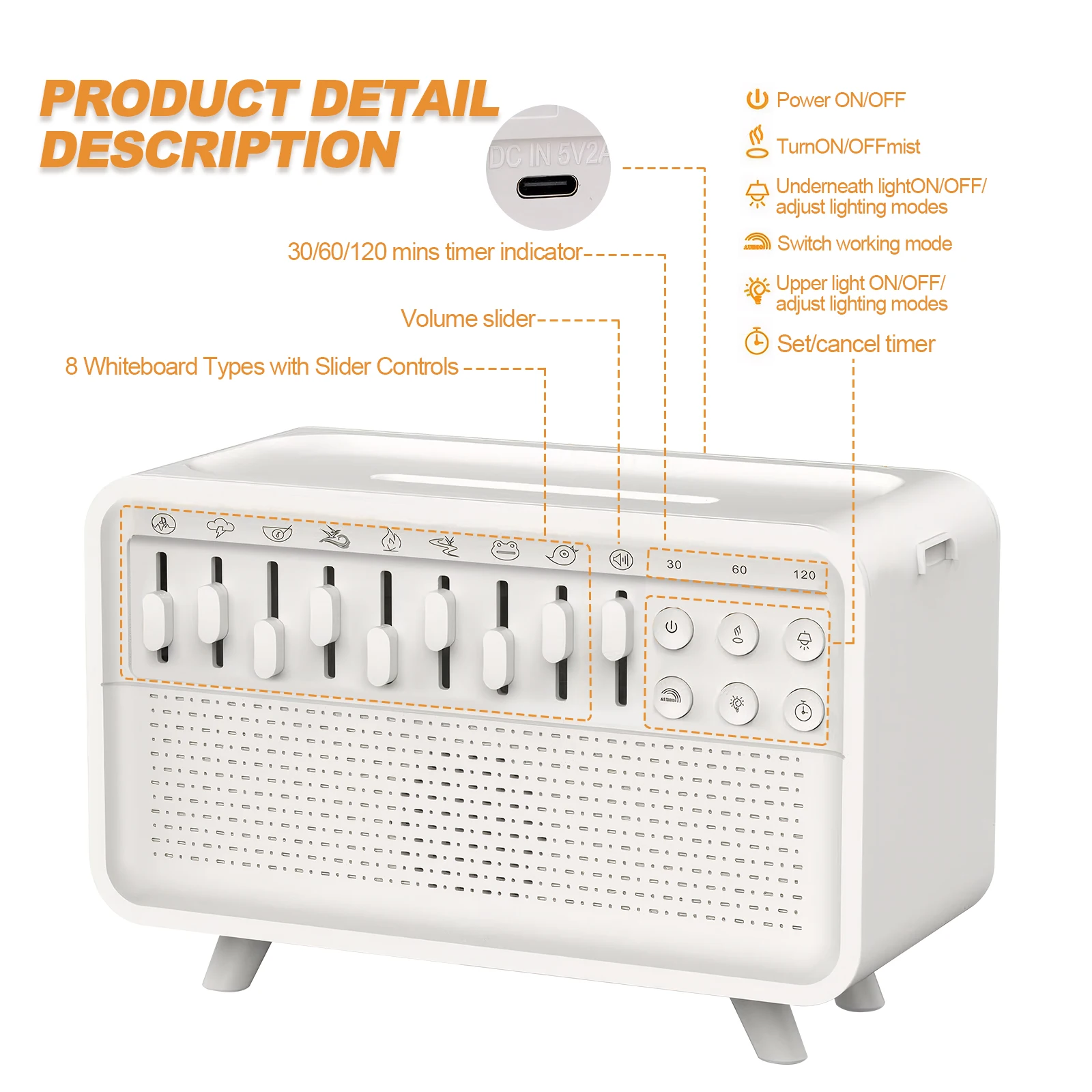 Altavoz LED de ruido blanco con 8 sonidos naturales, altavoz portátil BT, humidificador recargable, difusor de Aroma, luz nocturna para dormitorio - imagen 5