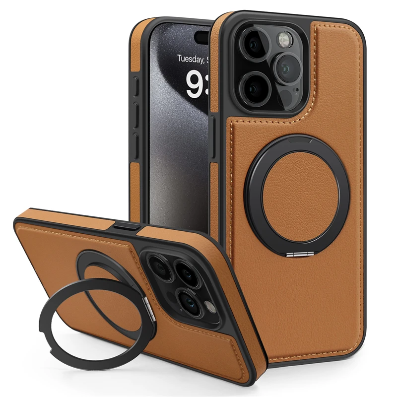 Funda de cuero magnética con soporte de anillo de Metal giratorio 360 para IPhone 17 Air 15 14 13 12 11 16 Pro Max Plus 15Pro Magsafe