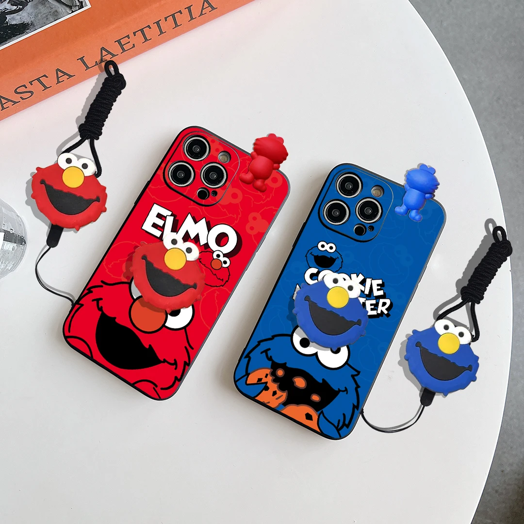 Para iPhone 6 6s 7 8 SE XR Xs 16 15 14 13 12 11 Pro Max mini Plus e Funda ELMO Azul Rojo Con Cuerda De Soporte - imagen 3