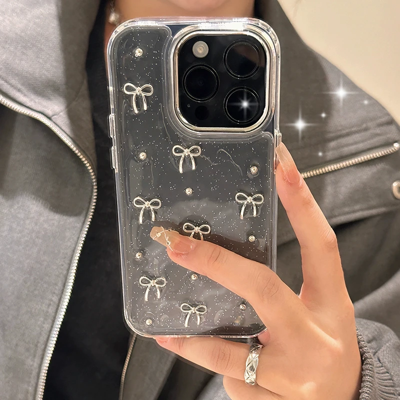 Funda con cuentas de lazo plateado 3D con purpurina de Corea para Samsung Galaxy S25 S24 Ultra S23 S22 Plus S21 FE A14 A15 A35 A55 A34 cubierta transparente epoxi