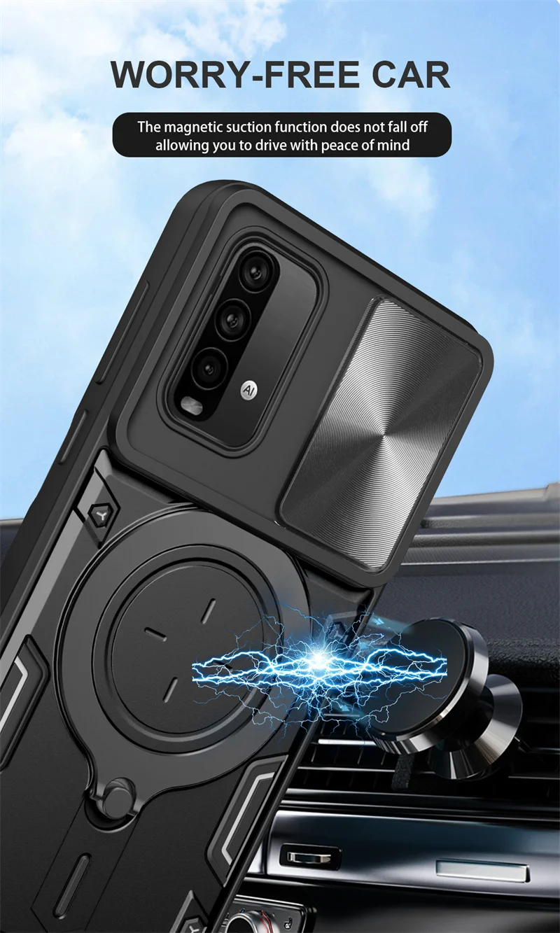 Para Xiaomi Redmi 9T 9 T 6,53 funda deslizante lente de cámara armadura proteger funda de teléfono para Redmi 9T Redmi9t cubierta de anillo de soporte magnético de coche - imagen 2