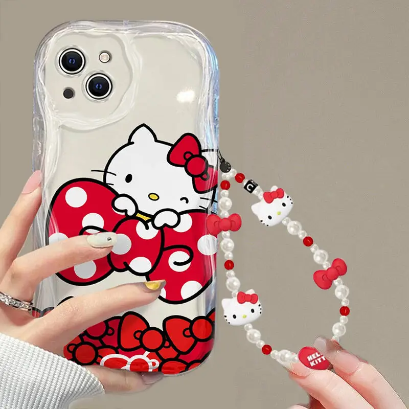 Y2K 3D onda lazos rojos Hello Kitty cadena Linda Funda para Samsung Galaxy S24 FE S23 S25 Ultra A56 A16 A55 A35 A34 A54 Funda - imagen 4