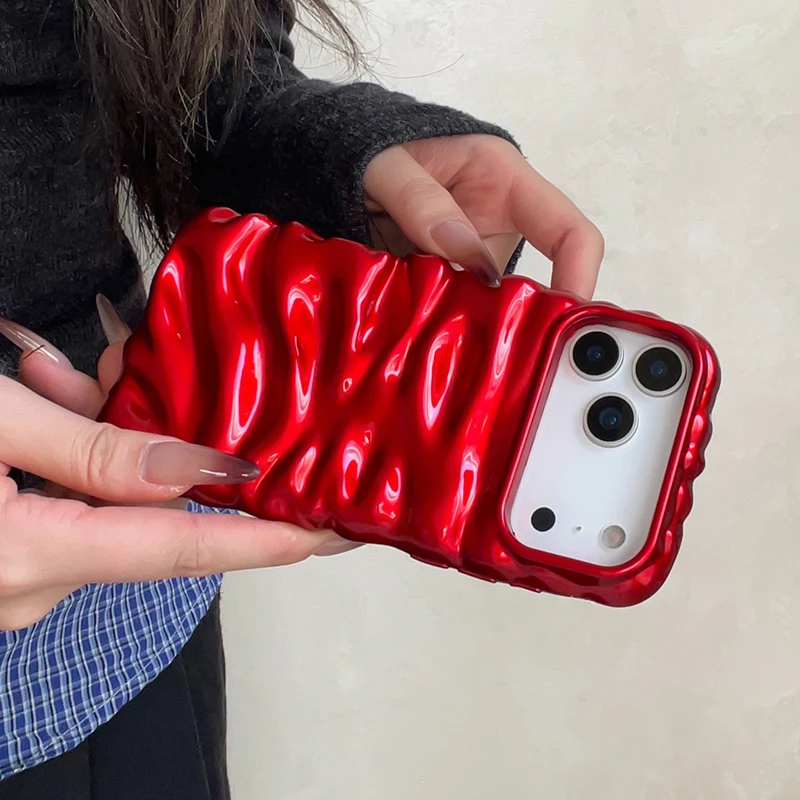 Popular de lujo rojo brillante lindo 3D crema Irregular pliegues funda de teléfono para iPhone 17 Air 16 Pro Max 13 15 14 Plus - imagen 4