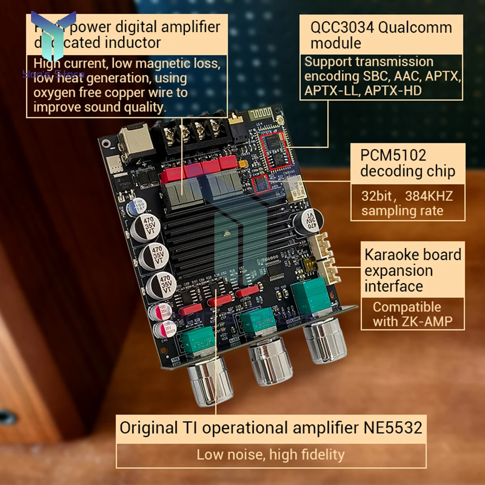 ZK-1002Q QCC3034 + TPA3116 2X100W Placa amplificadora digital Bluetooth 2,0 canales APTX Módulo amplificador de audio sin pérdidas - imagen 2