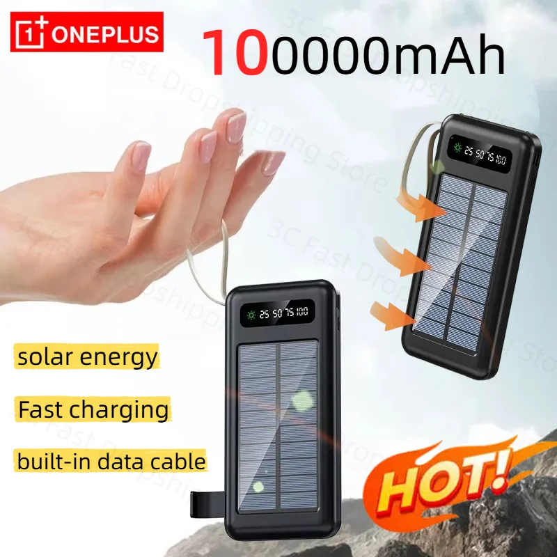 OnePlus-Banco de energía Solar de gran capacidad, 100000mah, batería de carga rápida para móvil, Usb Dual, 4 Cables para Iphone y Huawei - imagen 2