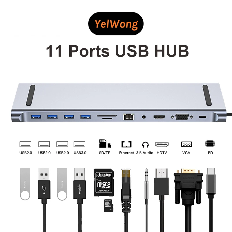 Base tipo C 11/12 en 1, concentrador USB C 3,0, divisor, adaptador multipuerto 4K RJ45 SD/TF VGA, compatible con HDMI, portátil, MacBook, iPad, xiaomi - imagen 3