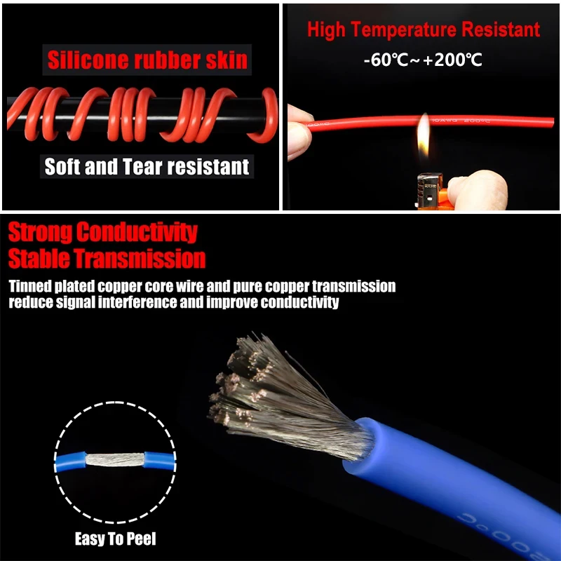 Cable de goma de silicona Flexible de 1/3/5m, Cable de cobre estañado 30 28 26 24 22 20 18 16 14 12 10 8AWG DIY, conector LED negro y rojo de 2 pines - imagen 4