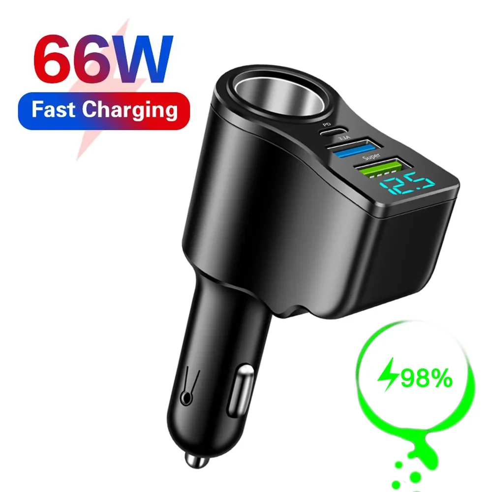 Cargador de coche 4 en 1 de 66W, divisor de enchufe de carga súper rápida, cargador de coche USB tipo C, pantalla Digital de voltaje para iPhone y Huawei