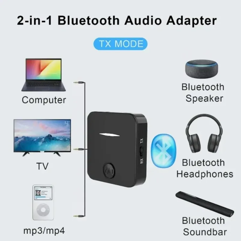 Transmisor receptor de Audio Bluetooth 5,0, conector auxiliar de 3,5mm, adaptador inalámbrico de música manos libres estéreo con micrófono para coche, PC, TV y auriculares - imagen 5