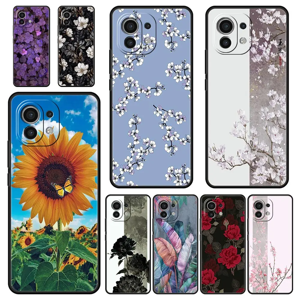 Funda de teléfono para Xiaomi Mi 14, 13, 12, 11 Lite, 13T, 12T, 11x, 11T, 10T Pro, 9T, Note 10 Lite, de silicona suave funda negra, flor 12