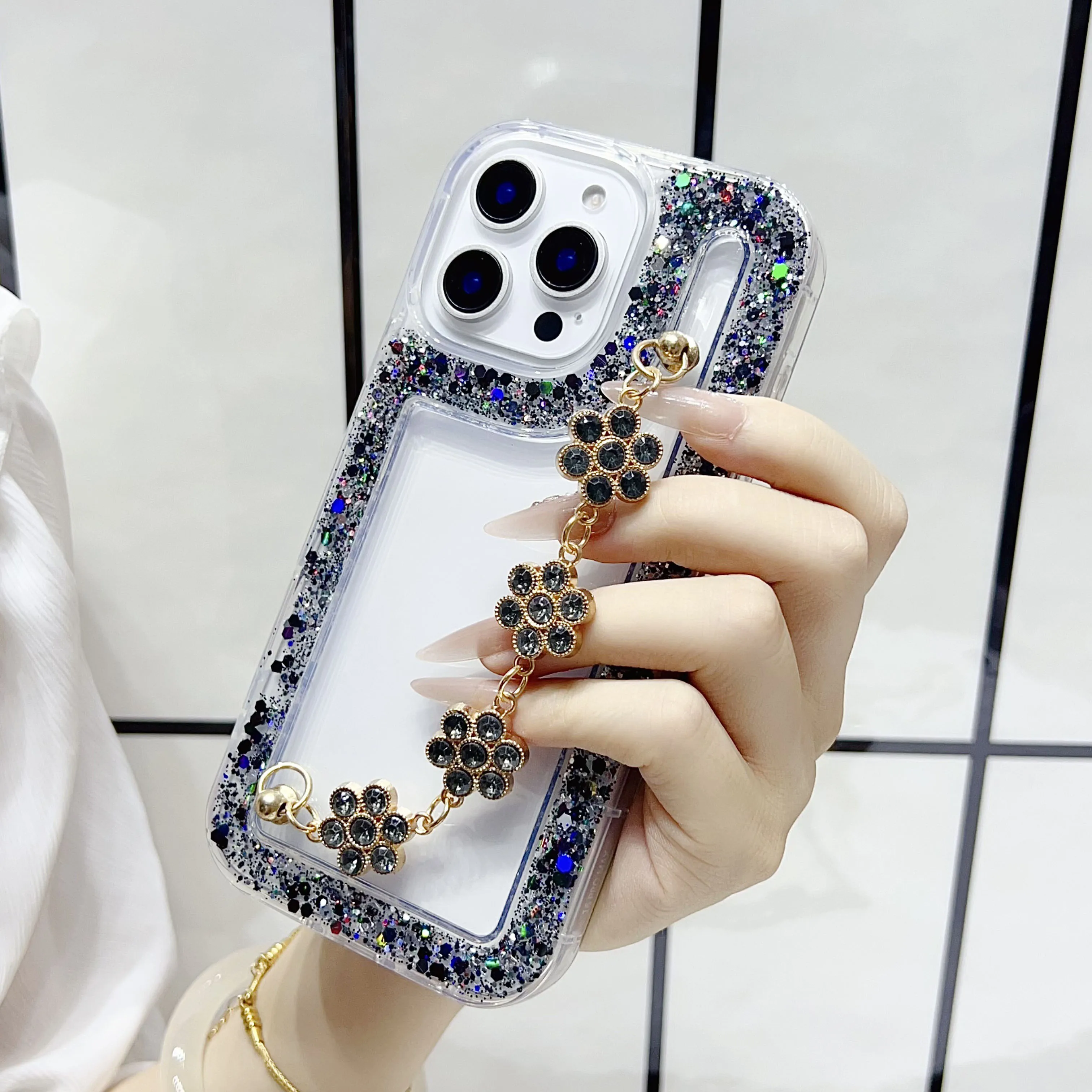 Funda de teléfono con purpurina y pulsera de flores para Samsung A54 A34 A24 A14 A04S A13 A23 A52 A12 A22 A32 A51 funda de silicona suave a prueba de golpes - imagen 2