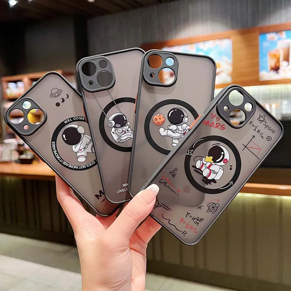 Für magsafe Wireless Charge Magnet hülle für iPhone 14 13 12 Pro Max 11 plus niedliche Cartoon Space Astronaut matte Acryl abdeckung - imagen 2