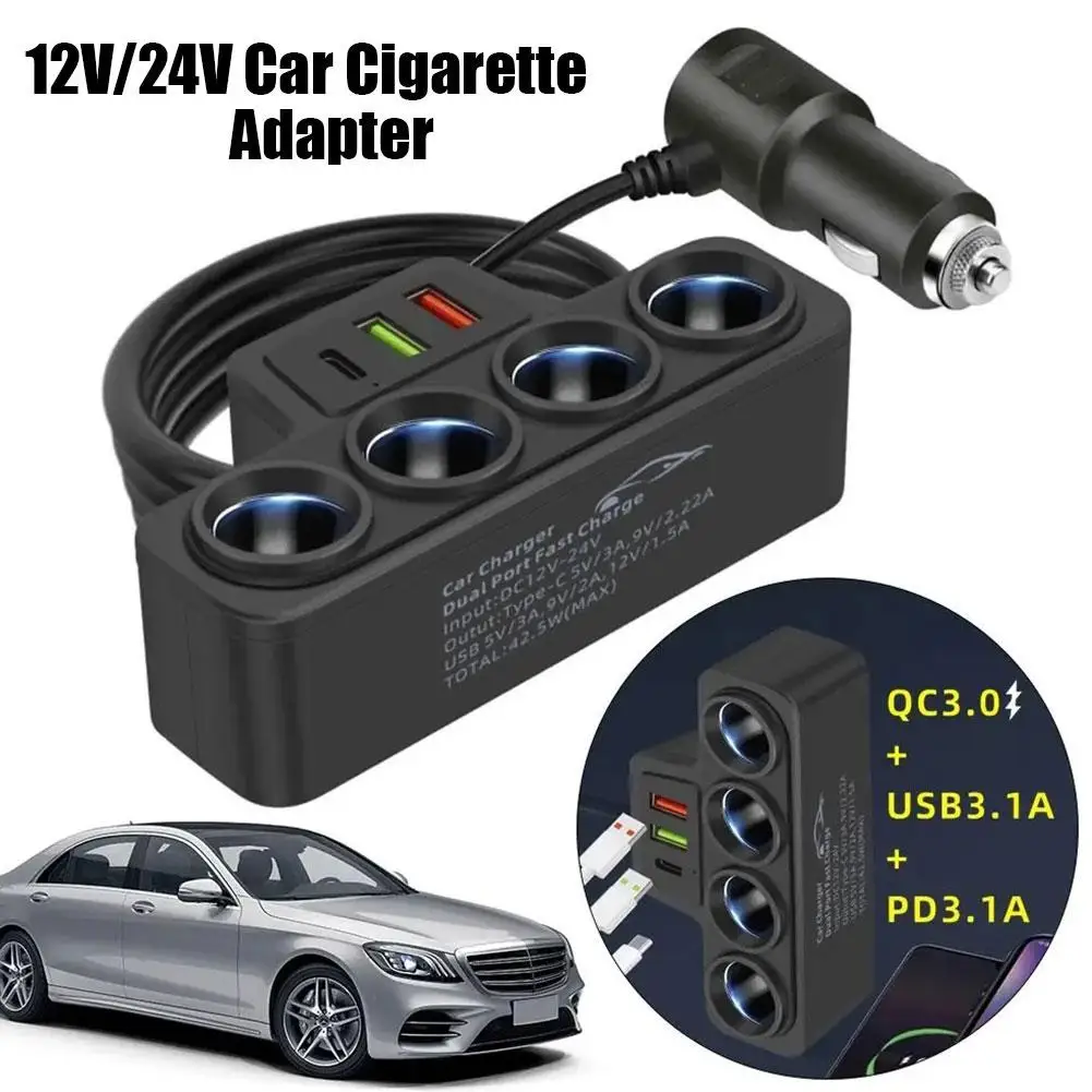 Adaptador de encendedor de cigarrillos de coche de 12V/24V nuevo cargador de 4 enchufes 3.1A USB de coche + QC3.0 + PD3.1A accesorios puerto USB 120W - imagen 2