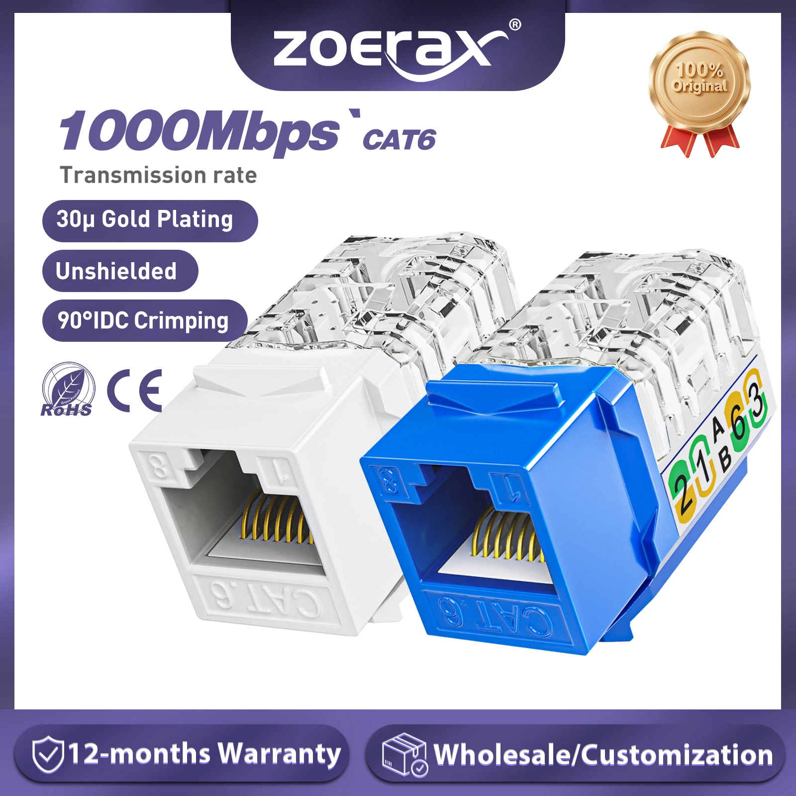 ZoeRax RJ45 Cat6 Keystone Jacks, perfil delgado, conector Keystone perforado Ethernet de 90 grados, Panel de conexión Compatible y placa de pared - imagen 2