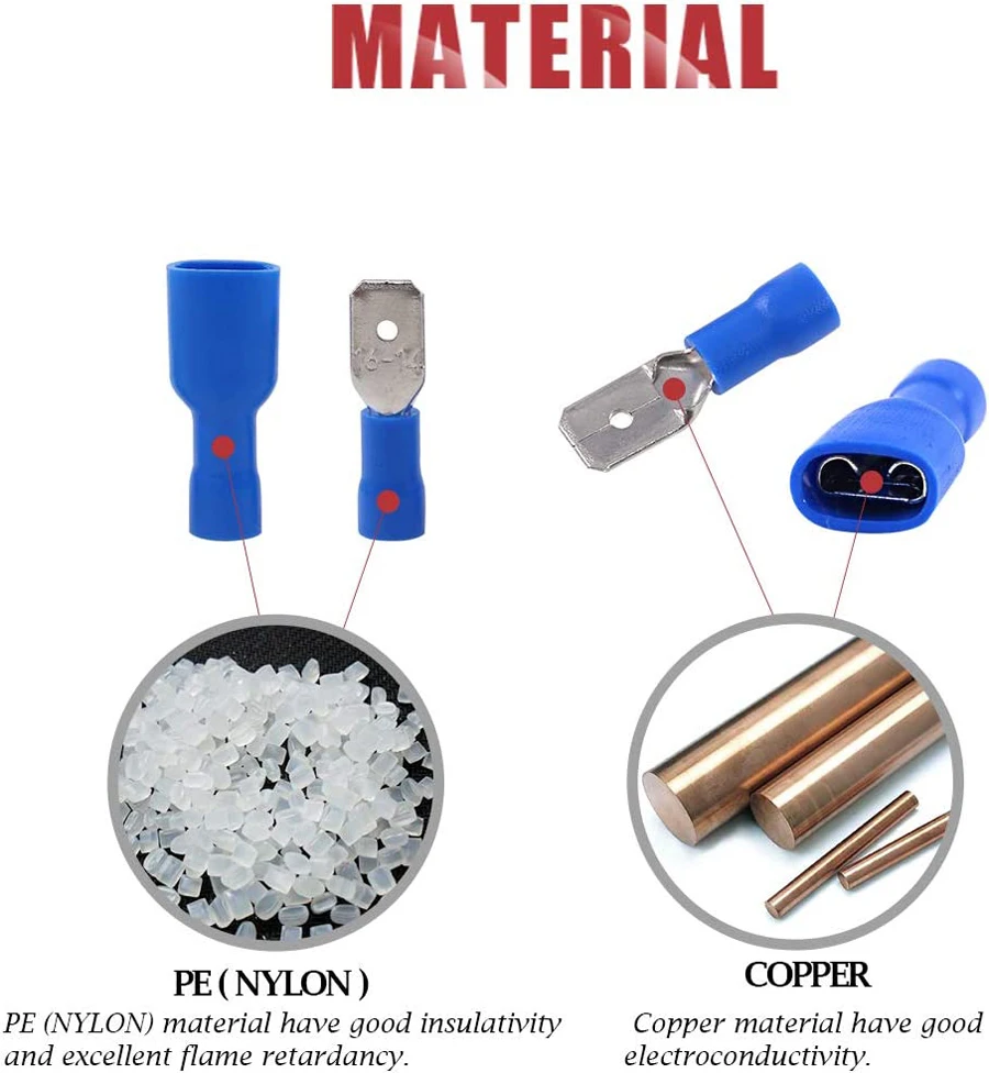 100 Uds 50 pares 6,3mm 16 14AWG hembra macho conector de cableado eléctrico Terminal de engarzado aislado pala azul - imagen 5