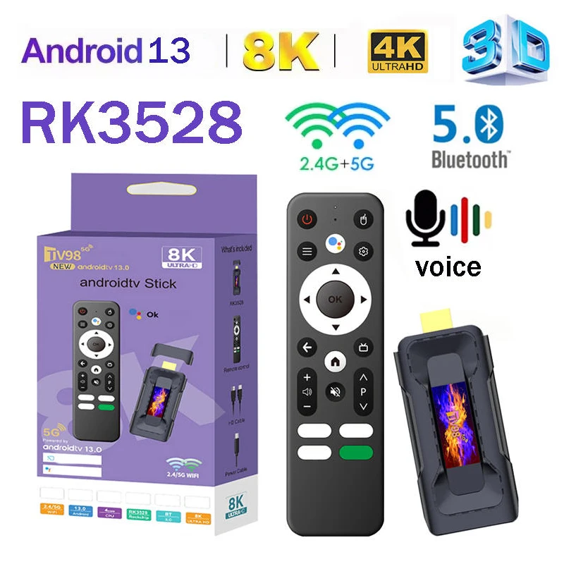 TV98 RK3528 TV Stick Android 13 WiFi6 RK3528 Quad core 4GB 32GB 8K 4K HD 4G 5G Wifi BT5.0 voz remota Smart TV stick iptv