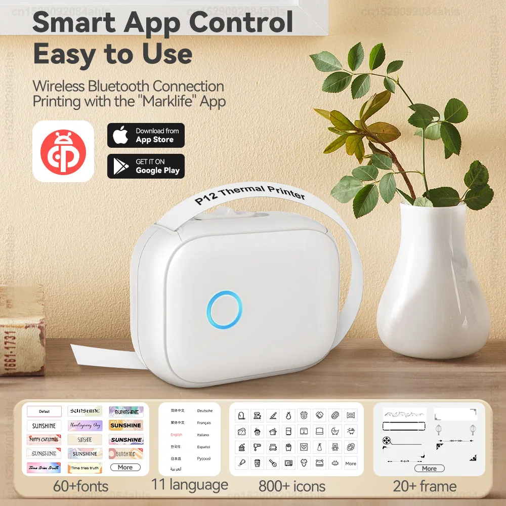 Mini impresora P12 para hacer etiquetas, máquina de pegatinas adhesivas inalámbrica portátil con Bluetooth, impresora de etiquetas sin tinta o etiquetas continuas de 5PK - imagen 2