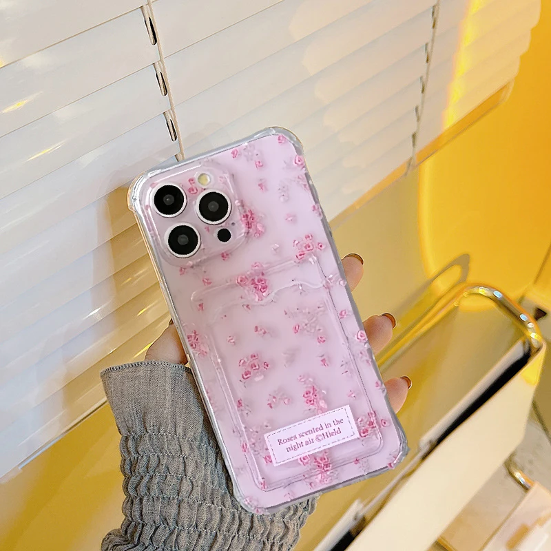 Funda tipo billetera con ranura para tarjetas fotográficas y lazo de flores pequeñas para IPhone 17 Air 17 Pro 16 15 14 12 11 Pro Max Plus 16e Silico TPU transparente - imagen 3