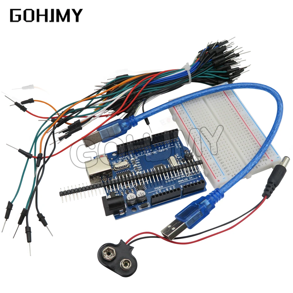 1 Uds GOHJM Starter Kit para arduino Uno R3-paquete de 5 artículos: Uno R3 Cables de puente de placa de pruebas Cable USB y conector de batería de 9V