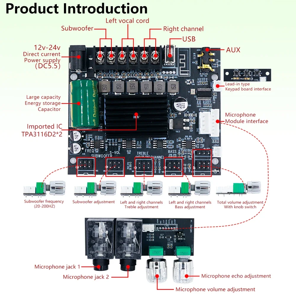 Placa amplificadora compatible con Bluetooth de 2,1 canales ZK-MT21S 50W + 50W + 100W TPA3116D2 con salida de eco/Subwoofer de micrófono Dual - imagen 3
